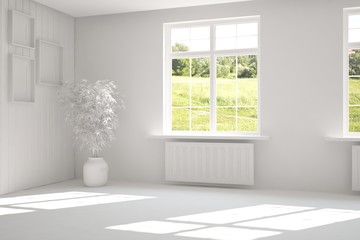 Grey empty room with green landscape in window. Scandinavian interior design. 3D illustration