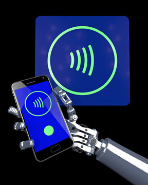 Computer generated illustration of a robot hand paying with NFC technology at a tap and pay terminal with a mobile phone. Fictitious phone, terminal and graphics.