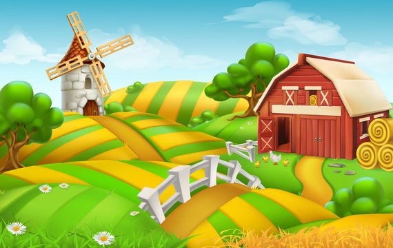 Farm field landscape, 3d vector background