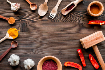 composition of cooking tools and spices top view space for text