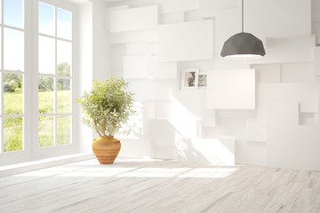 White empty room with green landscape in window. Scandinavian interior design. 3D illustration