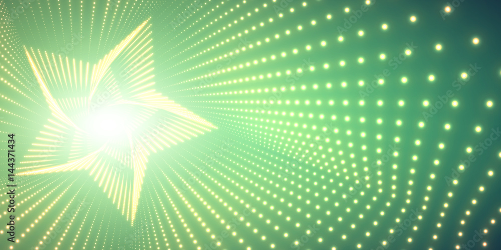 Poster vector infinite star twisted tunnel of shining flares on green background. glowing points form tunne