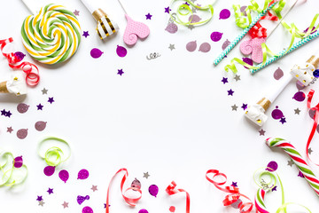 birthday party set with confetti on white background top view mock up