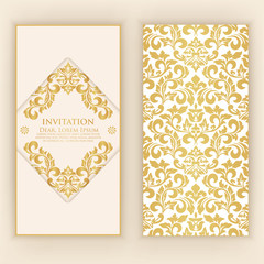 Wedding invitation and announcement card with vintage background artwork. Elegant ornate damask background. Elegant floral abstract ornament. Design template.