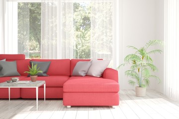 White room with sofa and green landscape in window. Scandinavian interior design. 3D illustration