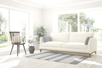 White room with sofa and green landscape in window. Scandinavian interior design. 3D illustration