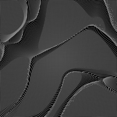 Abstract vector monochrome distorted mesh plane on dark background. Futuristic style card. Elegant background for business presentations. Grayscale corrupted point plane. Chaos aesthetics.