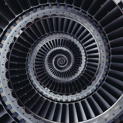 Turbine blades wings spiral effect abstract fractal pattern background. Spiral industrial production metallic turbine background. Turbine manufacturing technology abstract fractal pattern staircase