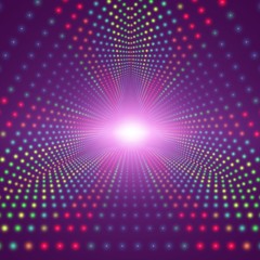 Vector infinite triangular tunnel of shining flares on dark background. Glowing points form tunnel sectors. Abstract cyber colorful background for your designs. Elegant modern geometric wallpaper.