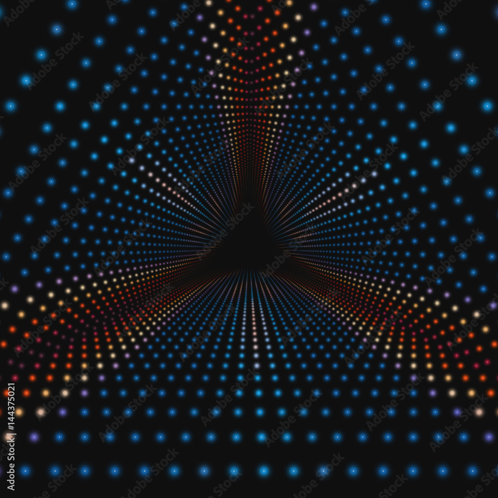 Poster vector infinite triangular tunnel of colorful circles on dark background. spheres form tunnel sector