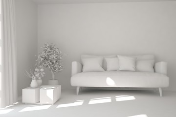 White room with sofa. Scandinavian interior design. 3D illustration
