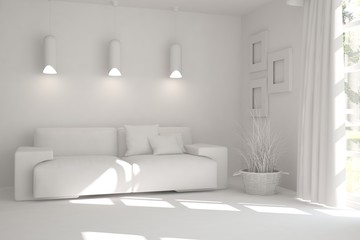 White room with sofa. Scandinavian interior design. 3D illustration