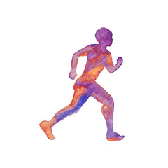 Watercolor silhouette of strong running man. Hand drawn abstract gradient portrait. Painting sport illustration on white background