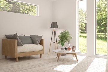 White room with armchair and green landscape in window. Scandinavian interior design. 3D illustration