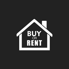 Buy or rent house. Black home symbol with the question. Vector illustration in flat style on black background.