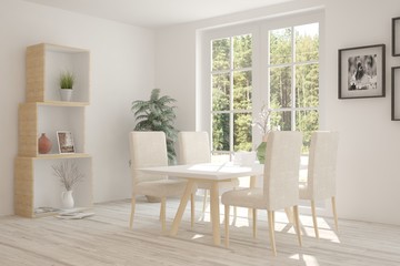 White dinner room with green landscape in window. Scandinavian interior design. 3D illustration