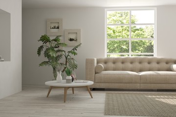 White room with sofa and green landscape in window. Scandinavian interior design. 3D illustration