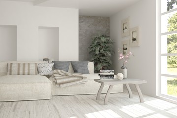 White room with sofa and green landscape in window. Scandinavian interior design. 3D illustration