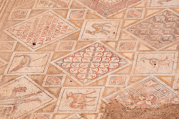 Giordania, 04/10/2013: dettagli dei mosaici delle chiese bizantine trovati a Jerash, l'antica Gerasa, uno dei più grandi e meglio conservati siti di architettura romana al mondo