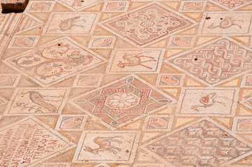 Fototapeta na wymiar Giordania, 04/10/2013: dettagli dei mosaici delle chiese bizantine trovati a Jerash, l'antica Gerasa, uno dei più grandi e meglio conservati siti di architettura romana al mondo
