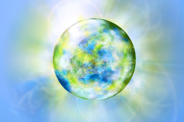 World Earth Day - 22nd of April - abstract background illustration, planet Earth with sky and flowers.