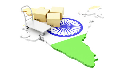3d India map with cardboard boxes and hand truck.