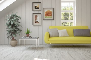 White room with sofa and green landscape in window. Scandinavian interior design. 3D illustration