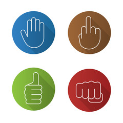 Hand gestures flat linear long shadow icons set