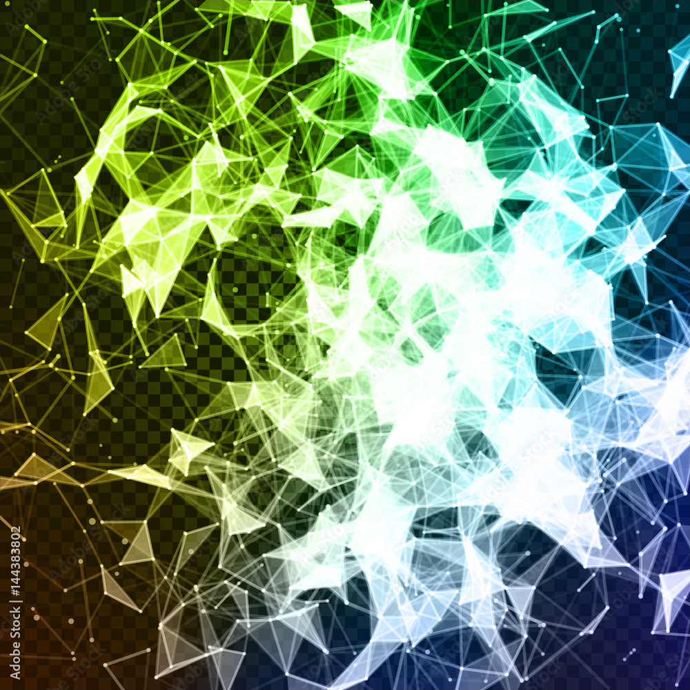 Poster isolated abstract blue,white and green color ice polygonal mosaic elements on checkered background, 