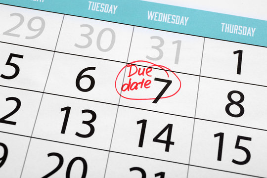 Due Date Written And Circled In Calendar, Close Up