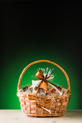 gift basket on green background