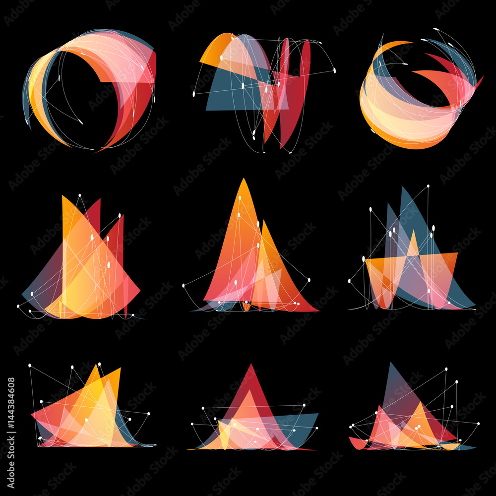 Poster Isolated abstract pink color different shape logos of triangles set, geometric elements,low poly style with dots on black background vector illustration