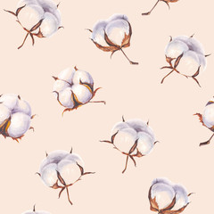 Watercolor cotton flowers seamless pattern on light pink background