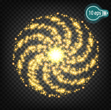 Vector glow of charged particles. Star with a dusty trace of sparkling particles isolated on a transparent background. Illustration with magic concept.