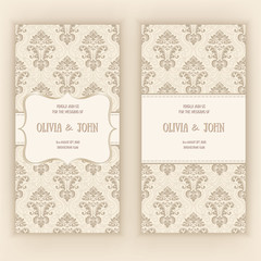 Vector invitation, cards or wedding card with damask background and elegant floral elements. Arabesque style design. Elegant floral abstract ornaments. Design element. eps10