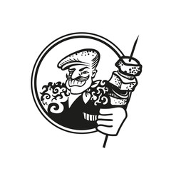 Black and white vector drawing of a Georgian cook in a cap and a lamb with a skewer of shish kebabs.