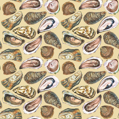 Watercolor hand made oysters seamless pattern on light brown background