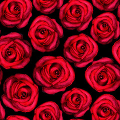 Watercolor seamless pattern with red roses on black background