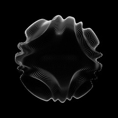 Abstract vector monochrome mesh sphere on dark background. Futuristic style card. Elegant background for business presentations. Corrupted point sphere. Chaos aesthetics.