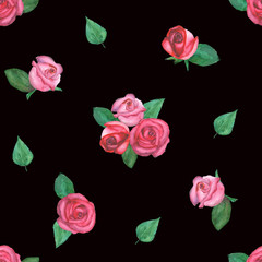 Watercolor pattern with roses on black background