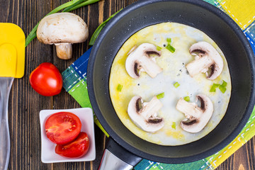 Fried eggs with mushrooms in frying pan