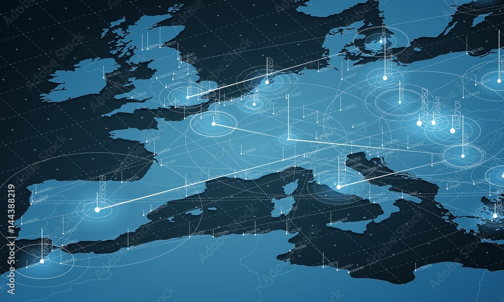 Poster Europe blue map big data visualization. Futuristic map infographic. Information aesthetics. Visual data complexity. Complex europe data graphic visualization. Abstract data on map graph.