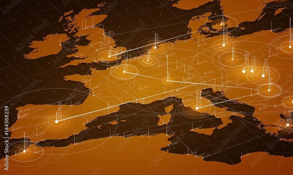 Poster Europe orange map big data visualization. Futuristic map infographic. Information aesthetics. Visual data complexity. Complex europe data graphic visualization. Abstract data on map graph.