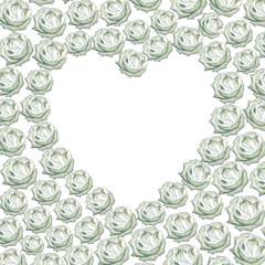 Heart with watercolor hand painted  white roses on white background
