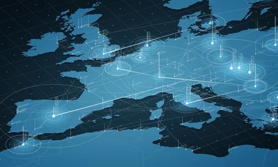 Fotobehang Europe blue map big data visualization. Futuristic map infographic. Information aesthetics. Visual data complexity. Complex europe data graphic visualization. Abstract data on map graph. © garrykillian