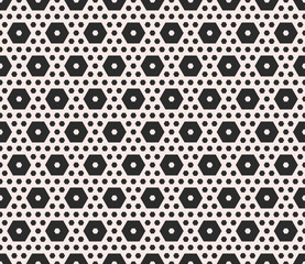 Vector monochrome texture, geometric seamless pattern with different sized hexagons, perforated shapes, honeycombs, hexagonal grid. Modern abstract background. Design element for prints, textile, web
