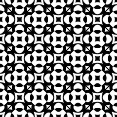Vector seamless texture, monochrome geometric pattern with simple rounded figures, perforated squares, circles, crosses, triangles. Diagonal grid, repeat tiles. Design for print, decor, fabric, cloth