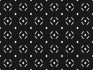 Vector monochrome seamless pattern, abstract minimalist geometric background with tiny rhombuses and lines. Black & white modern texture. Dark design for prints, decor, textile, furniture, stationery