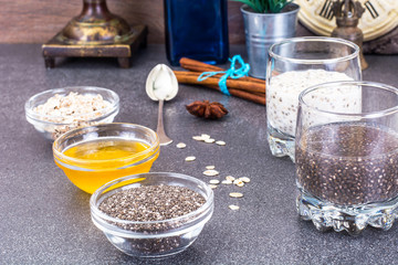 Pudding with chia seeds, honey, chocolate and banana