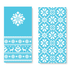 Vector invitation card with folk pattern ornament. Ethnic New Year blue ornament with pine trees and deers. Cool ethnic border element for your designs.